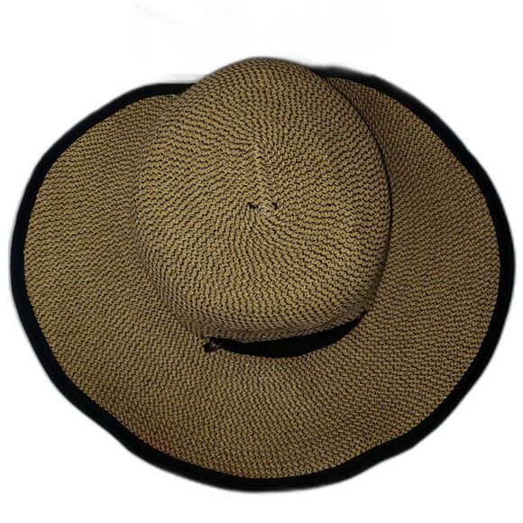 Shade Shack Tan Paper Straw Hat With Sheer Black Scarf Bow Womens Size S/M - Picture 6 of 9